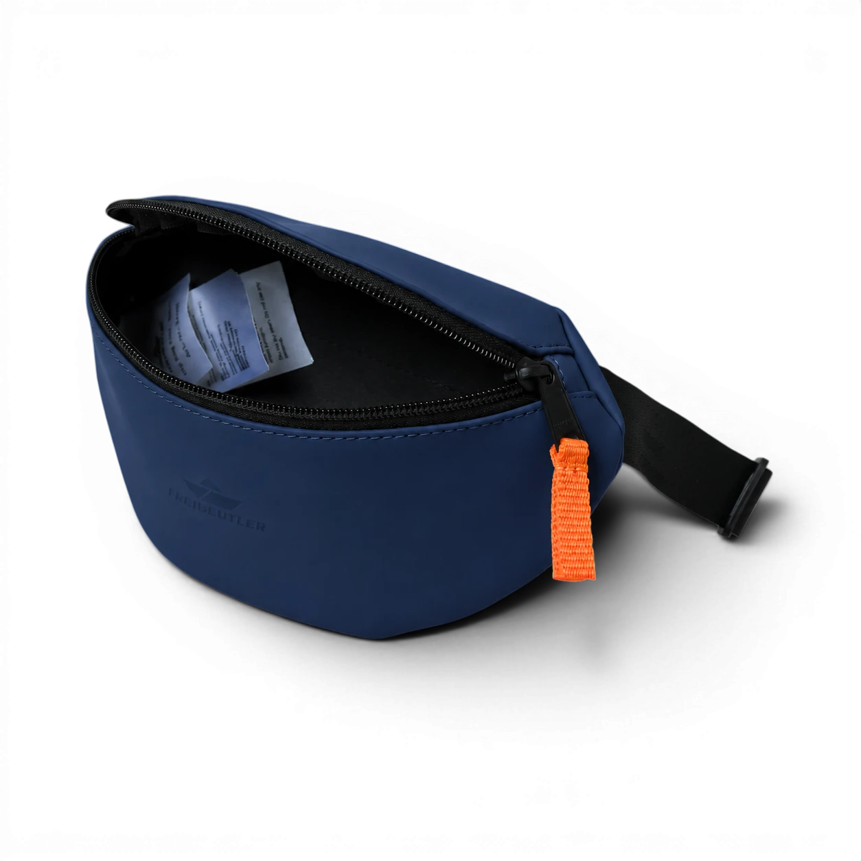 FREIBEUTLER Hip Bag Fiete in Dunkelblau mit robustem YKK-Reissverschluss und orangefarbenem Zipper-Puller.